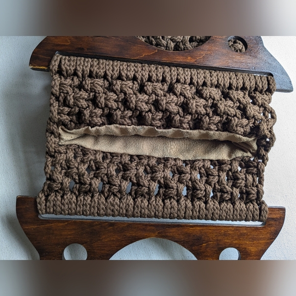 Vintage Clutch Wooden Handles Macrame Handheld Handbag Purse  Brown I-2 - Picture 11 of 11